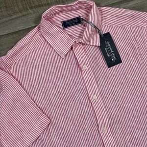 Vineyard Vines Men's Linen Short Sleeve Shirt Lipstick Pink Stripe MEDIUM NEW